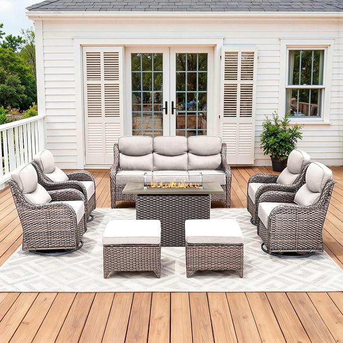 Luxury Patio Furniture Set with 42.5" Fire Pit Table, 8 Pieces High Back All Weather Wicker Outdoor Furniture w/ 6-Inch Thick Cushions, Patio Swivel Chairs Couch for Deck Balcony Backyard Brown/Beige
