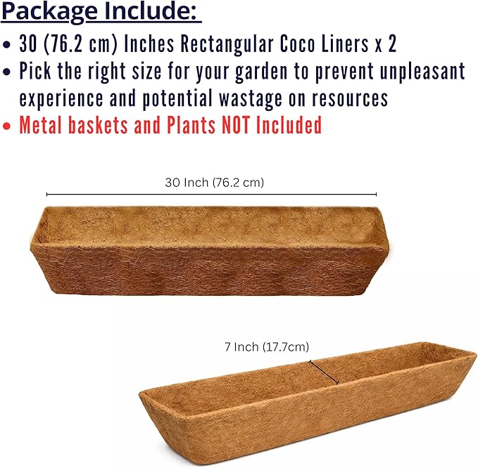 LaLaGreen 30" (2 Pack, Rectangular) Coco Liners for Planter – Large Coir Husk Replacement for Window Box, Wall Mount Pot, Trough Basket, Garden Outdoor Use – Multi Sizes 16/30 Inch & Different Shapes