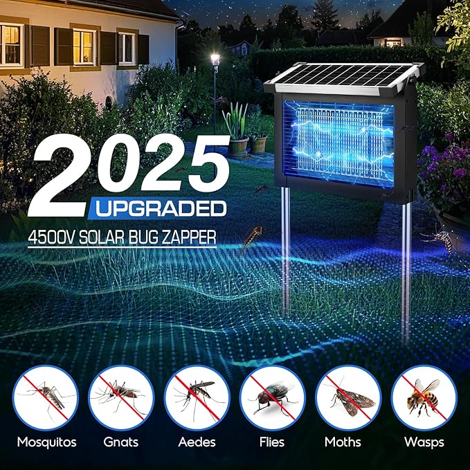 Solar Bug Zapper Outdoor Waterproof, 4500V High Power Cordless Mosquito Zapper with Smart Light Sensor, Dual Solar & USB Rechargeable Insect Killer for Patio, Garden, Backyard, Indoor & Outdoor Use