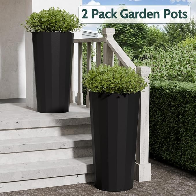 Diyfire 2PCS Tall Planters for Outdoor Plants, 23.6 Inches Large Outdoor Conical Flower Pots for Porch with Drainage Holes and Drainage Baffle, Tapered Large Planters for Garden, Balcony Use, Black