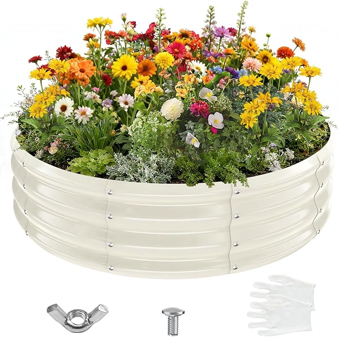4FT Diameter Galvanized Garden Raised Bed/Plant Box/Fire Pit Ring - 0.8mm Thick,12 Inch Tall,Perfect for Planting a Variety of Flowers,Herbs,Vegetables (Cream White, 48 Dia X 12inches)