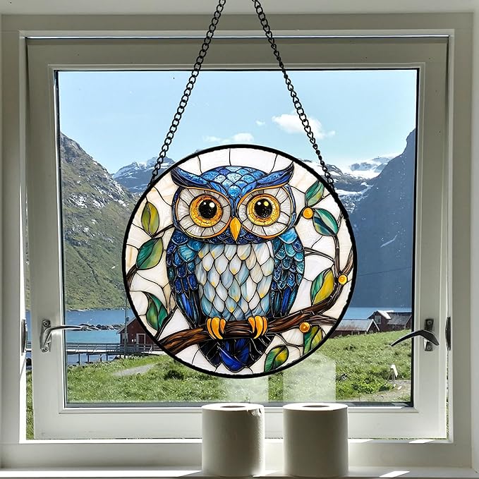 DASTOLL Stained Glass Window Hanging, Owl Gifts for Women Sun Catchers Diamond Glass Panel Hangings Birds Suncatcher Decor for Birthday for Women, Men, Wife, Aunt, and Mom 11.8x11.8 in