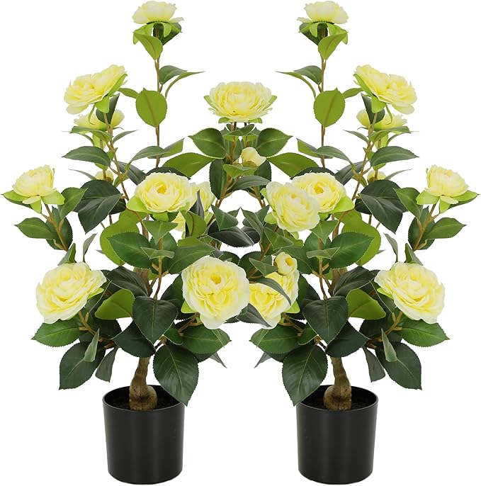 Nafresh 2FT Lush Artificial Yellow Camellia Tree Outdoor 2 Pack, 24inch Faux Camellia Plant, Fake Camellia Flowers Tree for Indoor Outdoor Living Room Home Patio Front Door Garden Decor