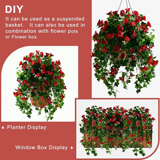 Morning Glory Artificial Hanging Flowers for Outdoors 3 Pcs Fake Petunias Flower Faux Silk Long Trailing Vines Realistic Flower for Front Door Porch Patio Balcony Garden Yard Decor (3 Pcs Red)