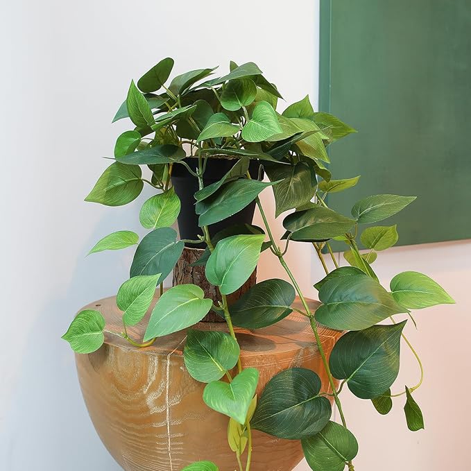 alyptus Fake Pothos Hanging Plants – 33" Set of 2 Faux Ivy Vines with Pots, Realistic Silk Devil’s Ivy for Indoor Décor, Low Maintenance Artificial Greenery for Home Bathroom or Office - Green
