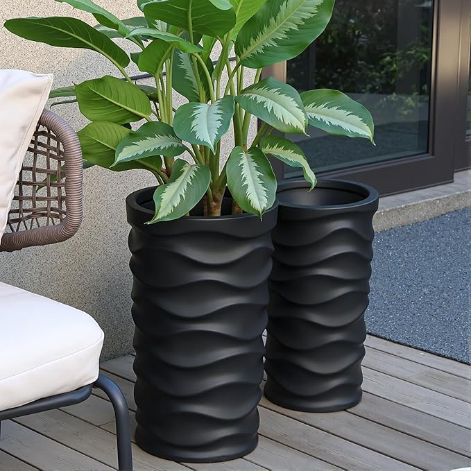 BEYOUDO Tall Planter Outdoor Indoor, 2 Pack Extra Large Plant Pots 20" 18" H Tall Large Tree Planter-Modern Matte Wavy Flower Pot for Indoor Outdoor Proch Decor (Black)