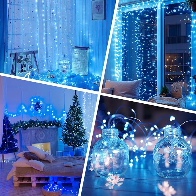 Lakumu 66FT(33 * 2) Fairy Lights Battery Operated, LED String Lights with Timer, Mini Twinkle Lights for Bedroom, Christmas Decorations, Wedding, Vine, Centerpiece Table Decor Blue