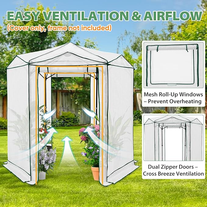 EAGLE PEAK Replacement Cover for 6.6x6.6 ft Hexagon Pop up Greenhouse, Front and Rear Roll-Up Zipper Entry Doors and 2 Roll-Up Side Windows (Frame Not Included), White