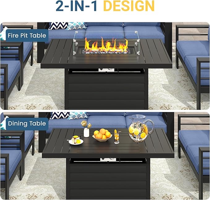 Wisteria Lane Aluminum Patio Furniture Set, 4 Piece Metal Outdoor Sofa Set with 54-INCH CSA Certified Propane Gas Fire Pit Table (Blue)