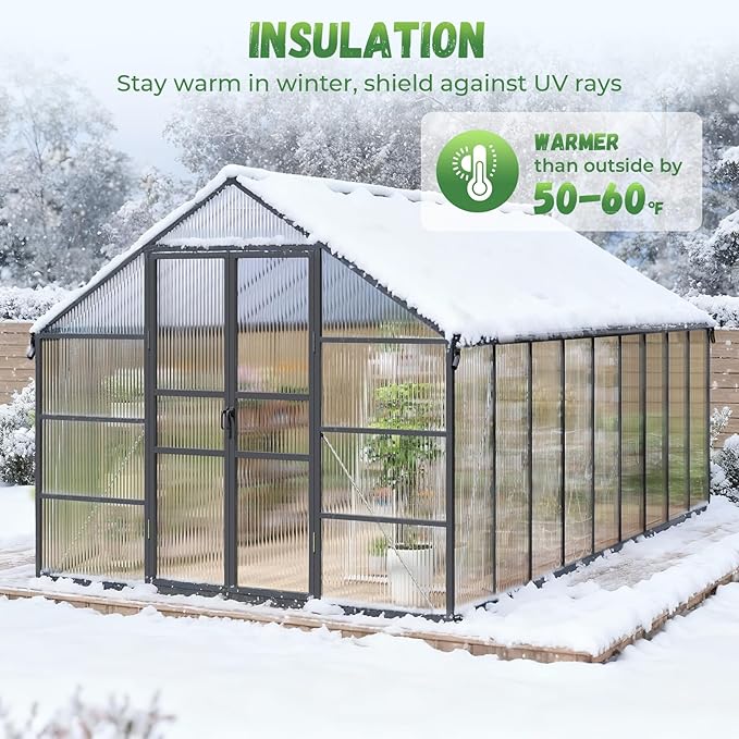 10x18FT Greenhouse for Outdoors, Galvanized Steel Frame Winter Green House w/Adjustable Roof Vent, Lockable Door Handle &DrainageSystem, Walk-in Greenhouses for Outside Garden Backyard