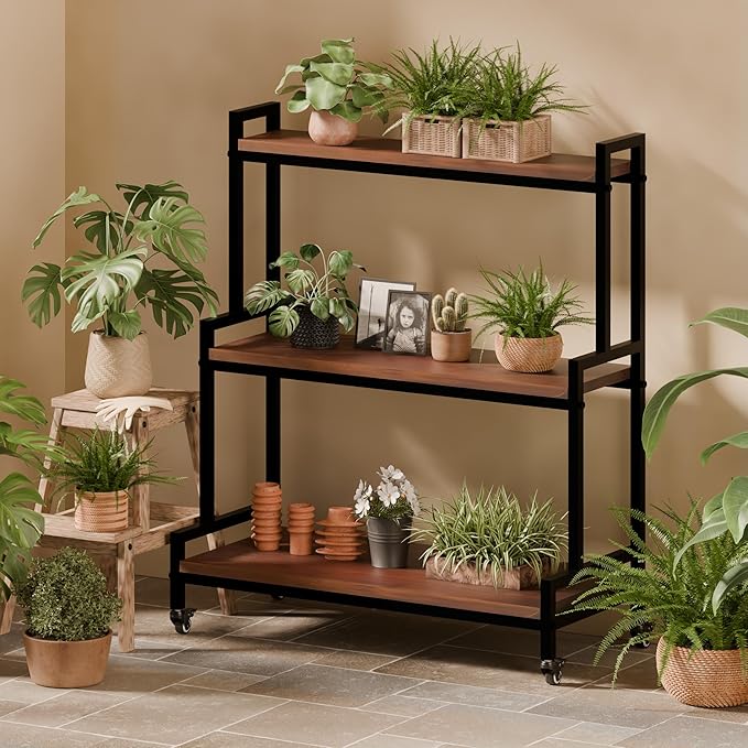 YCCO Plant Stand Indoor with Wheels 37” H, Rolling Plant Shelf Rack Outdoor,Metal Plant Stand with Solid Wood for Multiple Plants,Industrial Ladder Plant Flower Shelf for Garden,Living Room,Walnut
