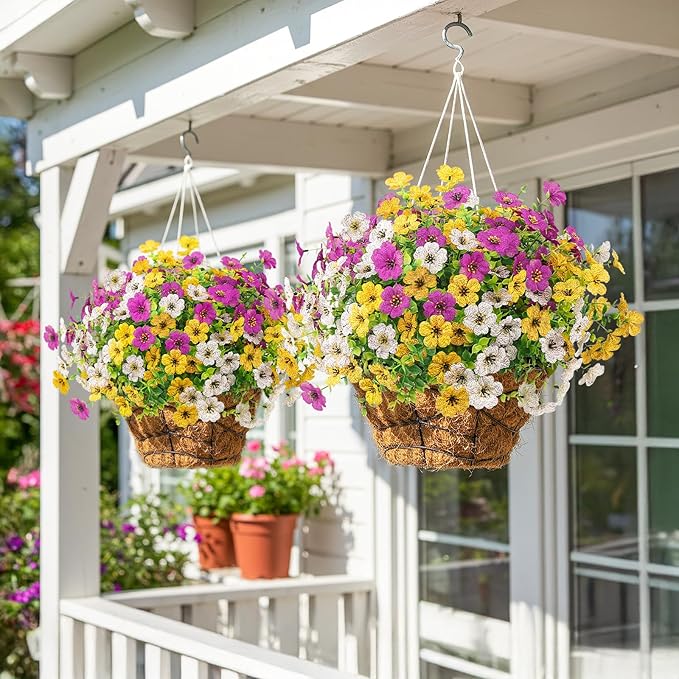 ATTGREAT Artificial Spring Flowers Outdoors UV Resistant Plastic Flowers Outdoors Faux Flowers Fake Plants Outside for Garden Porch Planters Silk Flowers Decor, 6 Bundles (Mix White Yellow Purple)