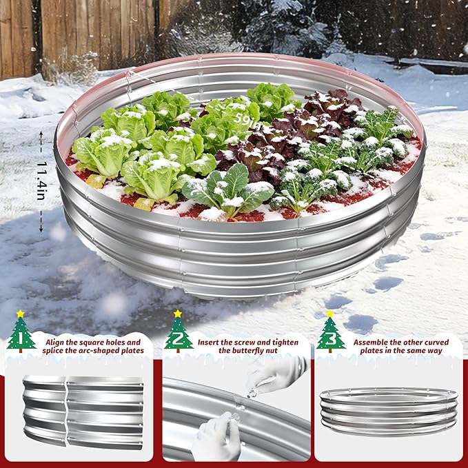 12 Inch Tall Heavy-Duty Round Steel Rised Garden Bed – Wave-Shaped Design Galvanized Metal Planter Box for Vegetables Flowers Succulent at Patio/Garden Outdoor (Silver, 60" Diameter)