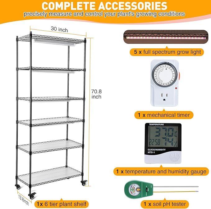 Meonum Plant Shelf with Grow Lights 30" x 13.8" x 70.8", 6 Tier DIY Metal Grow Rack with 90W LED Growing Lamps for Seed Starting, Indoor Greenhouse with Cover, Timer, Thermometer, pH Meter
