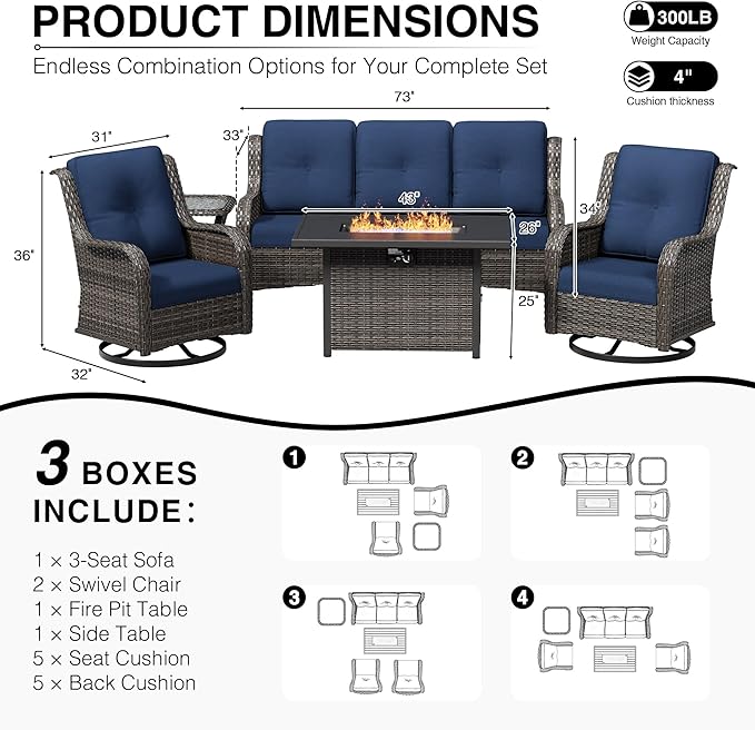 Joyside 5 Piece Wicker Patio Furniture Set with Fire Pit Table, Outdoor Swivel Rocker Patio Chairs with High Back, Deep Seating, Wide Armrest, Thickened Cushions, Outdoor Furniture for Deck, Porch Use
