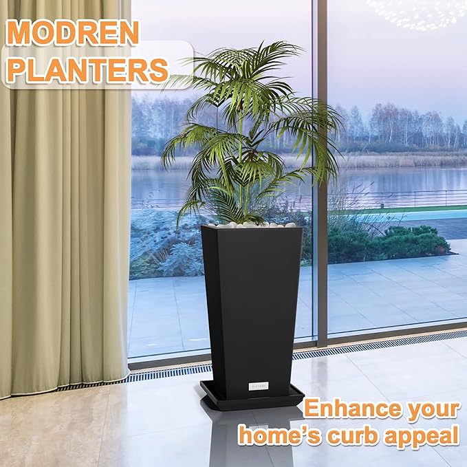 Elevens Outdoor Planter Larger Flower Pots Indoor Taper Garden V-Shape Tall Planters 24 inches Garden Pots Planter - Black（2 Packs）
