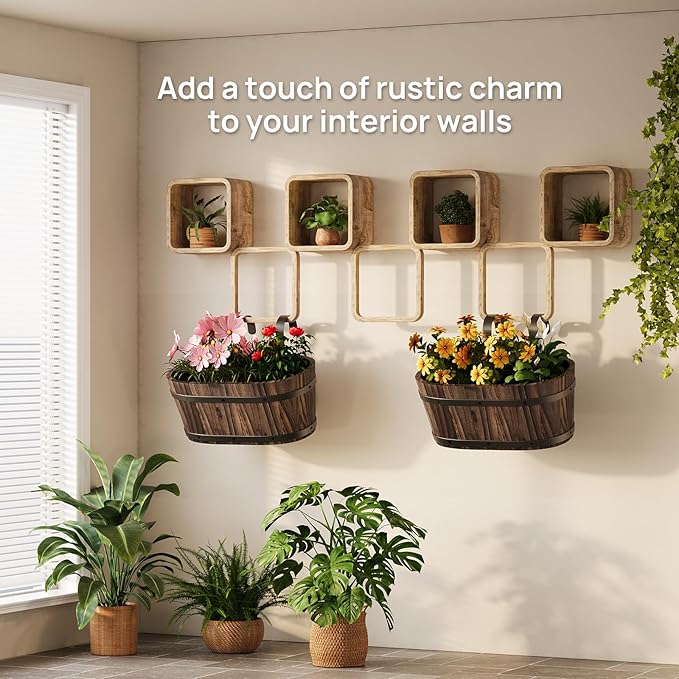 Wooden Hanging Planter for Railing Fence Outdoor Planter Railing Planter Boxes for Plants Wall Planters Window Flower Box Hanging Bucket Pots Countryside Plant Holder (Carbonized,2pcs,Large)