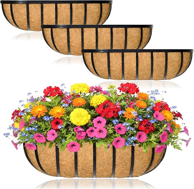 Window Box Railing Planter with Coco Liner 4 Pack 30 Inch Metal Hanging Flower Planter Deck Railing Planters Boxes for Balcony Outdoor Plants Fence Porch Patio