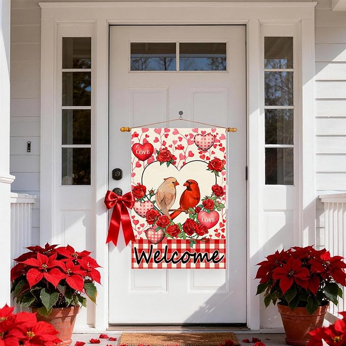 Welcome Valentine’s Day Cardinal Buffalo Love Heart Balloons House Flag large 28X40 Inch Big Vertical Double Sided Yard Outdoor Outside Holiday Decoration