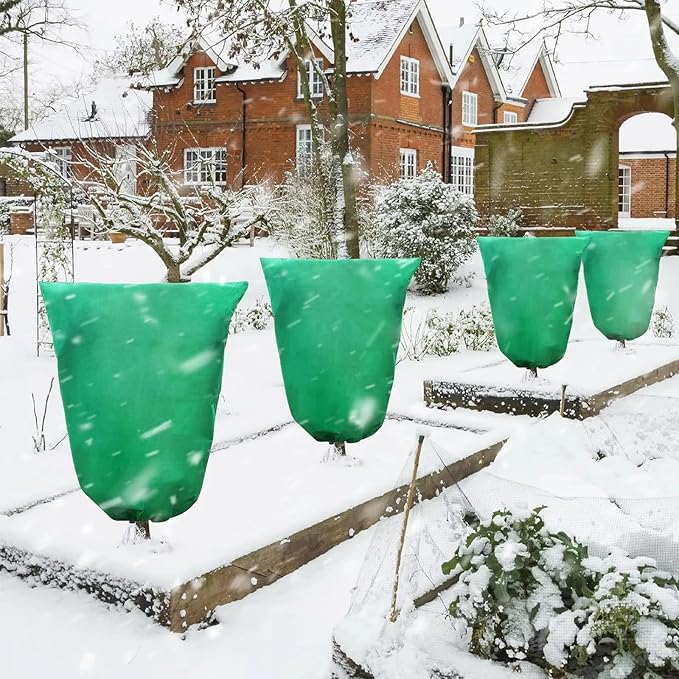 4 Pack Winter Plant Covers Freeze Protection, 47 "x 31" Thickened Frost Blankets for Outdoor Plants, Fruit Trees, Shrubs & Potted Plants | Reusable Cloth Plant Covers Jacket with Drawstring-Green