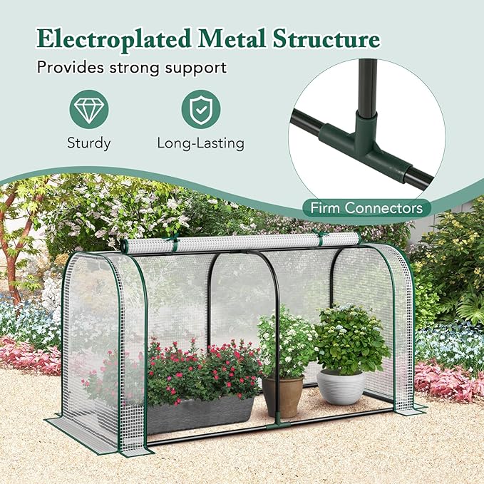 Toolsempire Raised Garden Bed with Greenhouse, Waterproof Sun-Protective Green House with Roll-Up Door & Electroplated Metal Frame, Fir Wood Elevated Planter Box with Drainage Holes(White+Gray)
