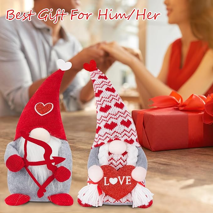 Valentine Day Decorations, 2 Pack Handmade Scandinavian Tomte Gnomes, Valentines Gnome Doll Tiered Tray Decorations, Plush Love Crafts Decor, Romantic Sweet Doll for Him Her Friends