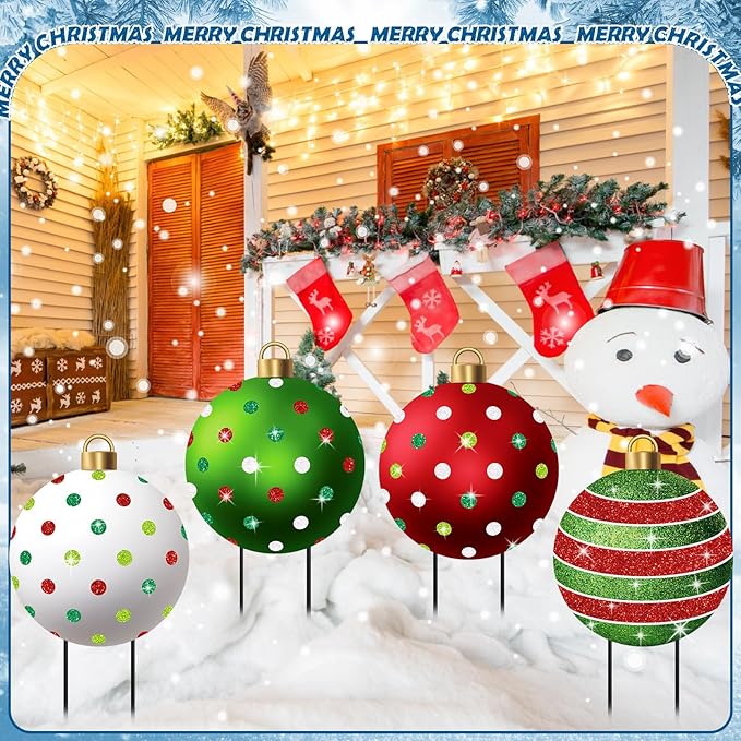 Nuanchu 4 Pcs Metal Christmas Balls Yard Signs Glitter Xmas Yard Sign Stake 21.3 Inches Xmas Waterproof Lawn Signs Christmas Outdoor Decorations for Outside Garden Patio Holiday Home Party Decor