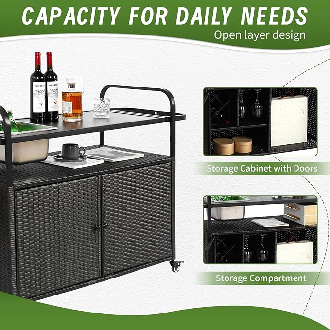 Outdoor Bar Cart with Cabinet, 51.57" Patio Serving Cart with Steel Top, Built-in Ice Bucket, Side Basket & Lockable Wheels for Garden, Backyard & Poolside, Black