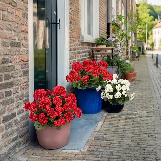 Uqueeten 4pcs Fake Flower Artificial Geranium,Artificial Flowers for Outdoors ，Geraniums Artificial Flowers Realistic,Artificial Geraniums for Outdoors Fake Plant Decoration(Red) 14.4"