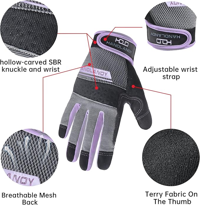 HANDLANDY Work Gloves for Women, Breathable Leather Gardening Glove for Yard Maintenance, Hand Protection with Touch Screen for Gardeners, Farmers