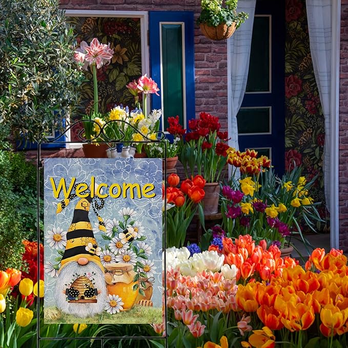 Furiaz Welcome Spring Honey Bumble Bee Gnome House Flag, Summer Yard Home Decorative Outdoor Decoration, Daisy Flower Burlap Lawn Outside Large Decor Double Sided 28x40