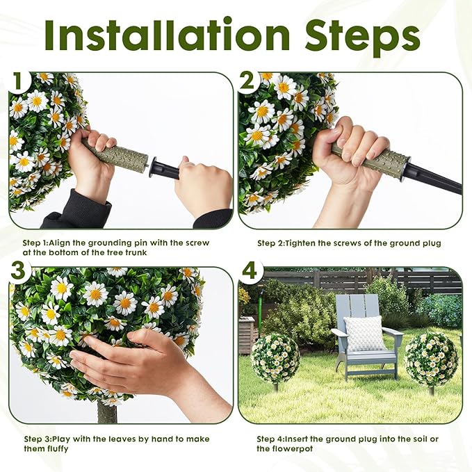 Set of 2 Artificial Topiary Ball Trees with White Mum for Outdoor with Ground Spike,22" UV Resistant Faux Boxwood Ball Tree, Fake Green Boxwood Plants for Garden, Yard, Porch, Patio Decor
