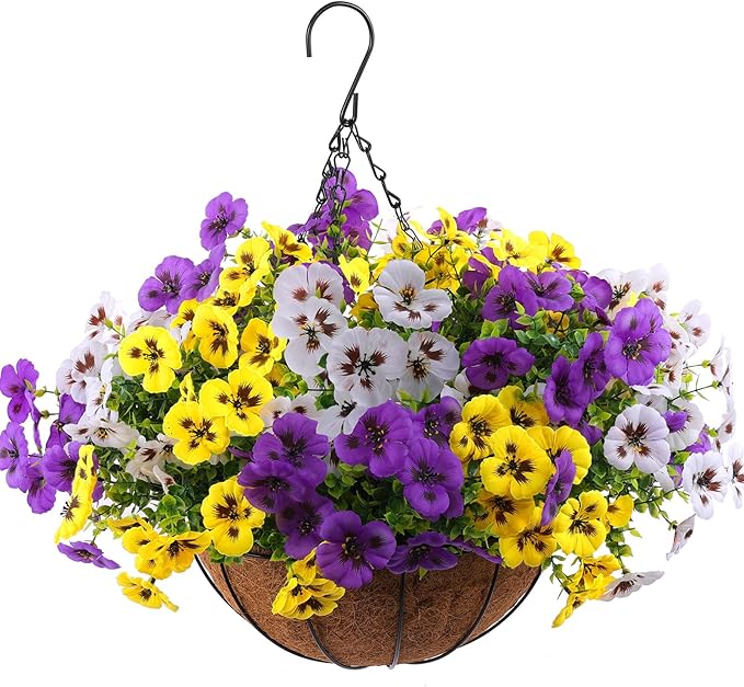 Rowfad 36 Pcs Artificial Fake Pansy Flowers for Outdoor, Faux Silk Pansies Spring Flowers for Outside for Planter Front Door Porch Yard Patio Window Box Home Decor (36, Purple, Yellow, White)