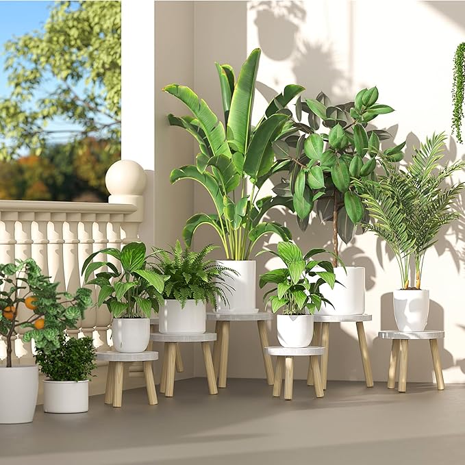 Vecxoty 3-Pack Wood Plant Stands Indoor, Single Plant Stand for 6-12 Inch Pots, Mid-Century Modern Plant Stool, Tall Plant Stand for Large Plants for Living Room, Balcony, Office (White)