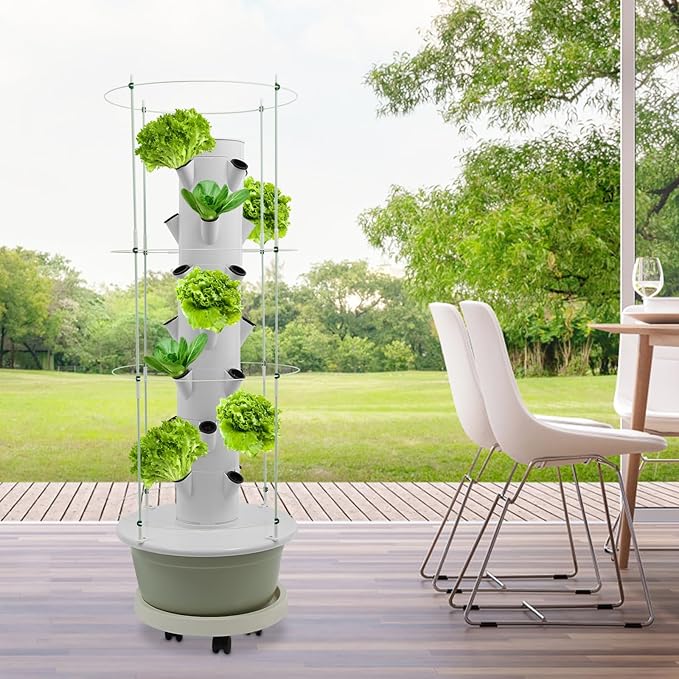 Hydroponic Growing System, 28-Plant Vegetable Planter Tower Climbing Trellis, Outdoor Indoor Garden Vertical Planter Germination Kit with Water Pump, Intelligent Water Circulation & Timer Function