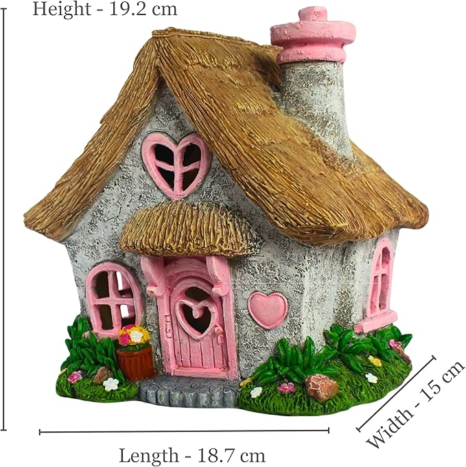 PRETMANNS Fairy House for Outside with Solar Powered LED Lights for Garden - Fairy Garden Houses for Outdoor - Miniature Accessories for Cottage Decor for Village - 7.56” High, Pink