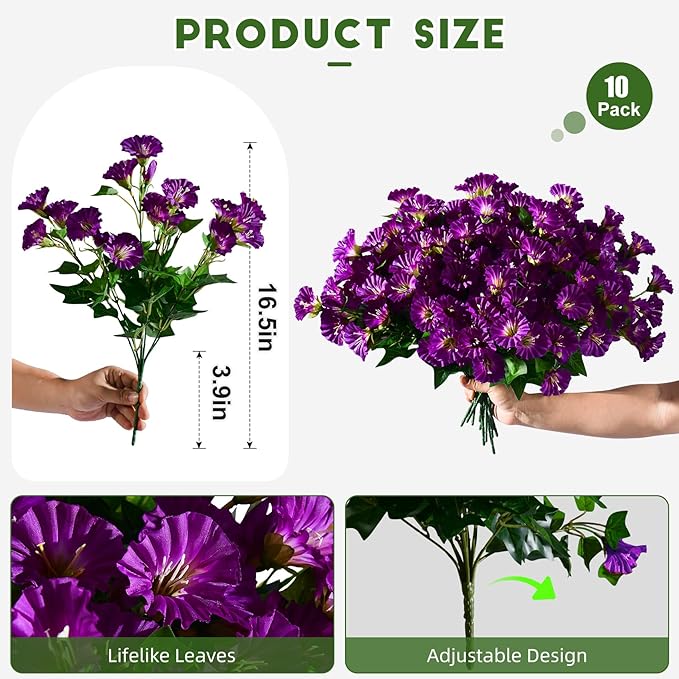 Artificial Morning Glory Flowers Plants for Outdoor 8 Pcs Faux Silk Petunias Flower Realistic Faux Flowers Plants for Outside Planter Porch Yard Patio Balcony Home Indoor Decor (8 Pcs Purple)