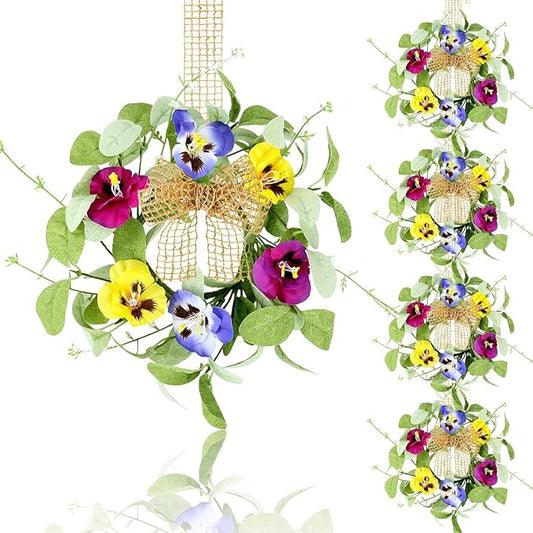 4 PCS Mini Spring Summer Kitchen Cabinet Wreaths Small Pansy Flowers Wreath for Front Door with Fern Branches Ribbon Small Flocked Lamb Ear Leaves Wreath for Indoor Outdoor Farmhouse Porch Wall Decor