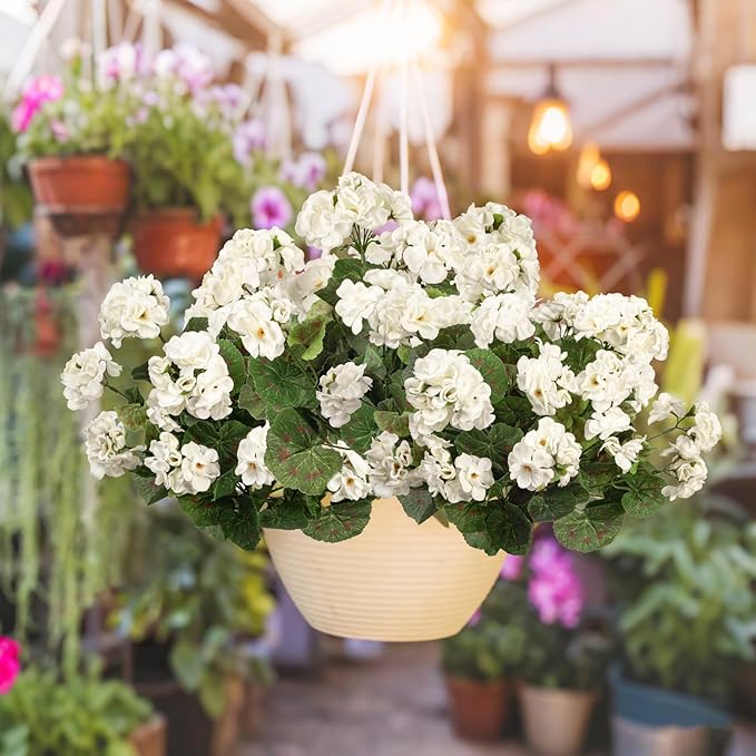Uqueeten Artificial Flowers for Outdoors Artificial Geranium,Fake Flower White Geranium Artificial Plant Home Decor,Silk Geraniums Realistic Outdoor Flower Fake Plant Decoration 14.4" (White) 8PCS