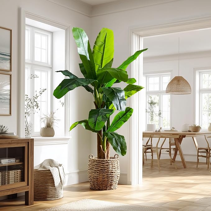 Artificial Banana Tree 6ft, Faux Tropical Palm Tree Plant with Realistic Leaves, Low Maintenance Indoor Outdoor Decor for Home Office Porch, in Nursery Pot