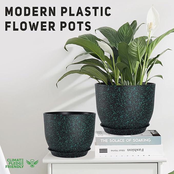YNNICO Plant Pots 10/9/8/7.5/7 inch Set of 5,Flower Pots with Multi Mesh Drainage Holes, Large Planters for Indoor Outdoor Garden Plants and Flowers. (Green Speckles)
