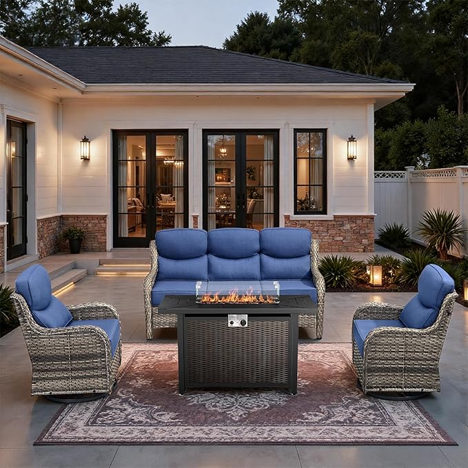 HUMMUH 6 Pieces Patio Furniture Set with Fire Pit High Back Outdoor Furniture Set 6-inch Cushions Wicker Patio Swivel Rocker Chairs for Balcony Garden,Lawn,Deck