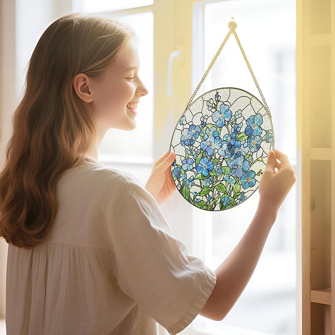 Stained Glass Window Hanging, 8 Inch Forget Me Not Stained Glass Suncatcher, Window Hanging Decor, Flower Sun Catchers, Gifts for Flower Lover, Birthday Gifts for Lover, Friend, Family, Teacher