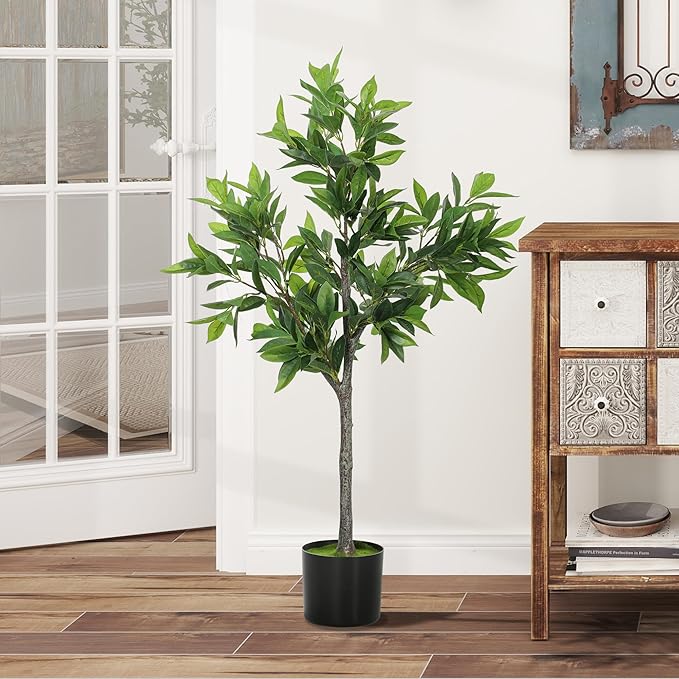 HOMCOM Lifelike Artificial Laurel Tree, 3FT Fake Tree with 345 PEVA Leaves and Flocked Soil, Potted Fake Plant for Home or Office Decor, Green