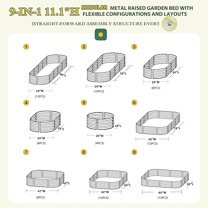 BlueWish 11.1” H Raised Garden Bed, Galvanized Raised Garden Bed with Bottomless, Rubber Strip, 9-in-1 Modular, Raised Planter Box Outdoor for Vegetable, Flower