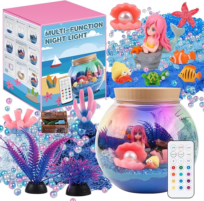 Mermaid Terrarium Kit for Kids - LED Night Light with Remote, DIY Arts and Crafts Birthday Gifts, Mermaid Gifts for Girls Ages 6-12