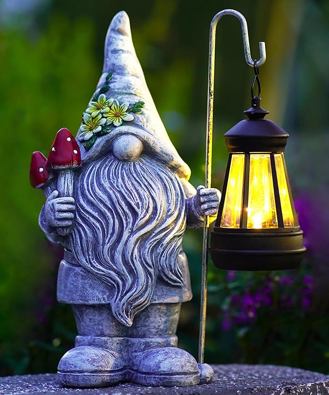 Garden Gnome Statue with Solar Lights Lantern,Outdoor Sculpture Home Decor for Yard Lawn Balcony Patio Porch,Gardening Gifts for Mom Women Grandma