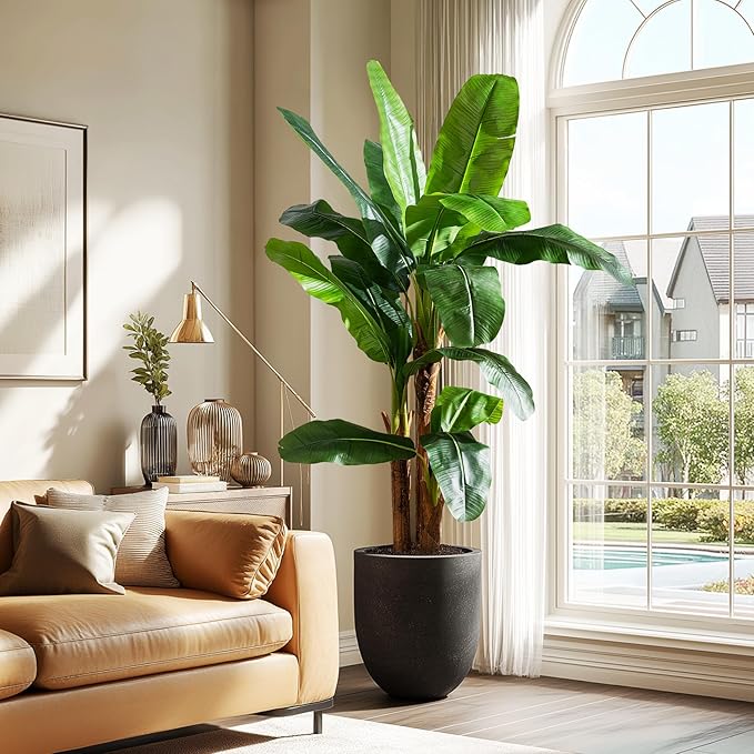 Artificial Banana Tree 6ft, Faux Tropical Palm Tree Plant with Realistic Leaves, Low Maintenance Indoor Outdoor Decor for Home Office Porch, in Nursery Pot