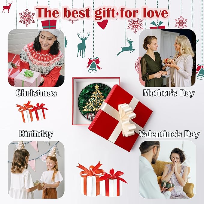 HWRHTR Stained Glass Window Hanging - Gold Green Christmas Tree Suncatcher for Doors Home Christmas Decoration Winter Sun Catcher Thanksgiving New Year Birthday Gifts for Women Men Mom Nana 11.8 in