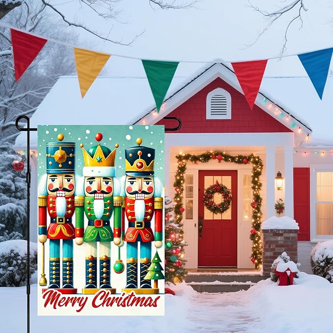 IVN Christmas Garden Flag 12x18 Inch Double Sided Colorful Nutcracker Trio with Ornaments Outdoor Yard Flag for Outside Home Front Door Lawn Porch Patio Welcome Decor